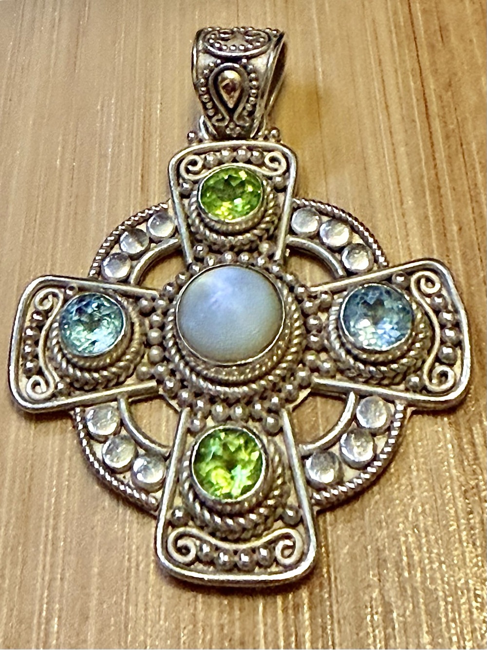 Sterling Silver Cross Pendant w/ Peridot, London Blue Topaz and Moonstone